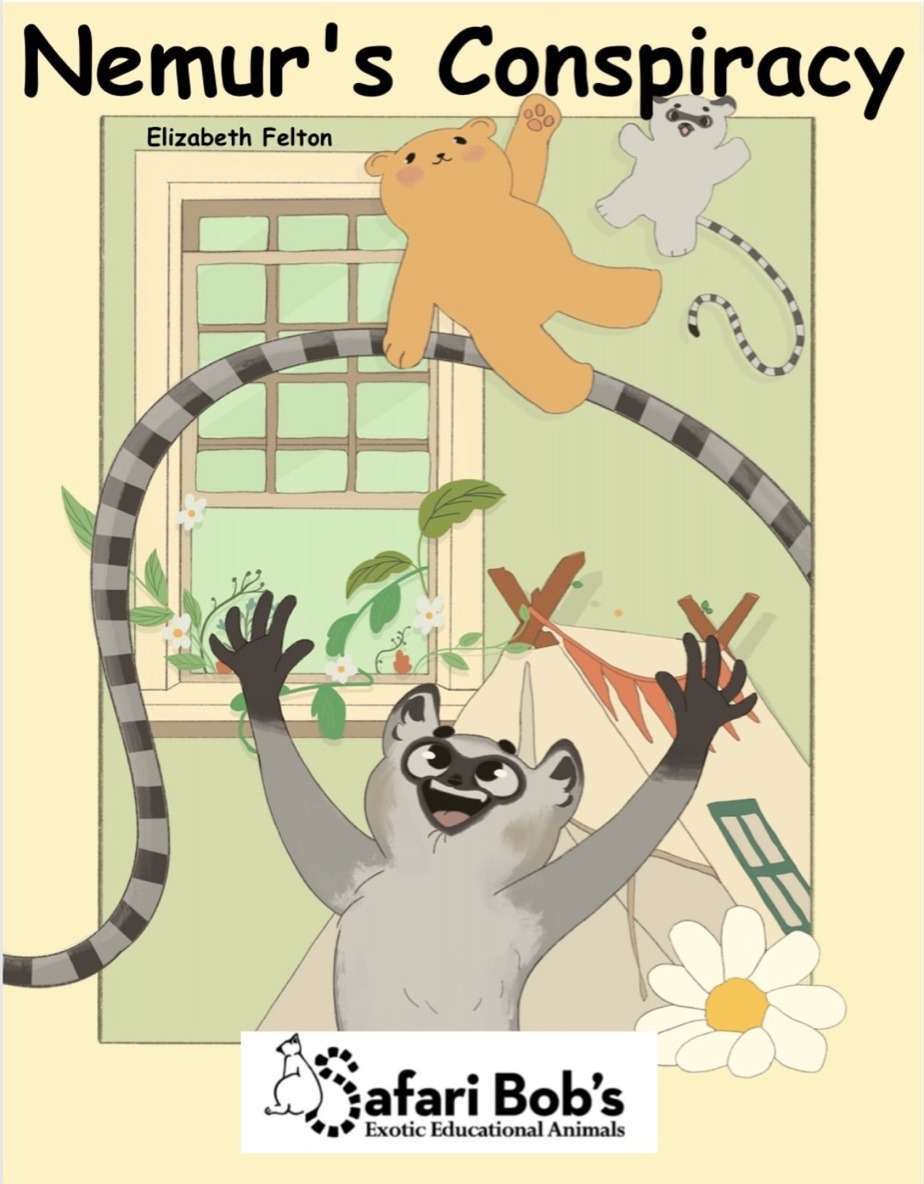 Nemur's Conspiracy cover: a delighted ring-tailed lemur throws her hands in the air as two plush lemur dolls tumble through the air above her.