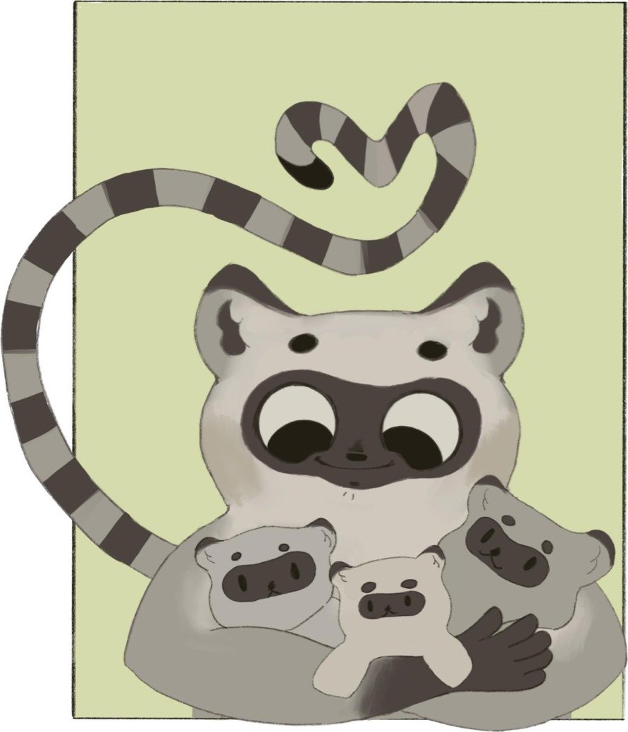 Nemur the lemur holding her lemur dollies in a warm hug, from the last page of the book.